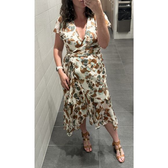 TANYA TAYLOR Multicolor Floral V-Neck Ruffle Sleeve Blaire Midi Dress Size 6 - Picture 13 of 14